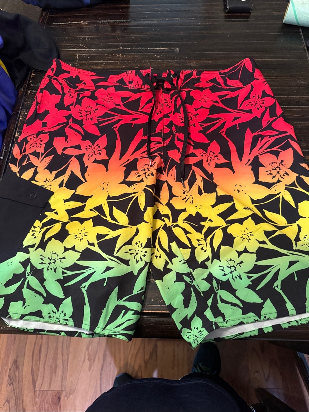 Men's Floral Gradient Board Shorts - Black with Red, Orange, Yellow & Green